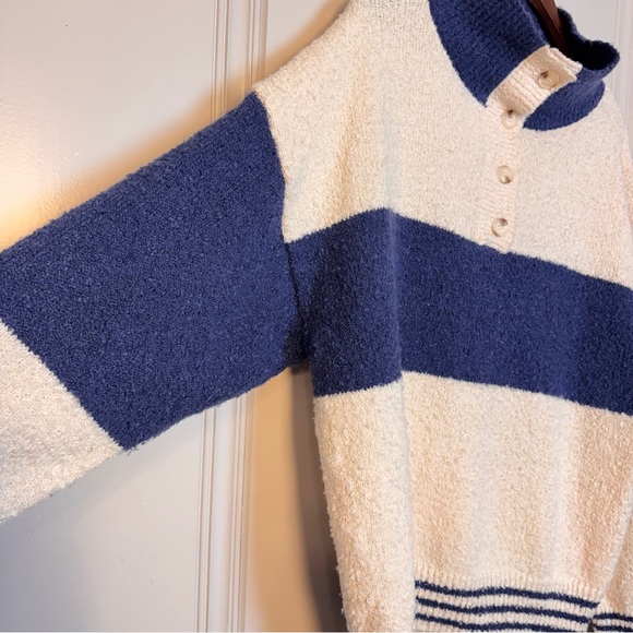 Altar'd State Blue and Cream Rugby Striped Button Up Sweater Tufted Textured L - Picture 5 of 12